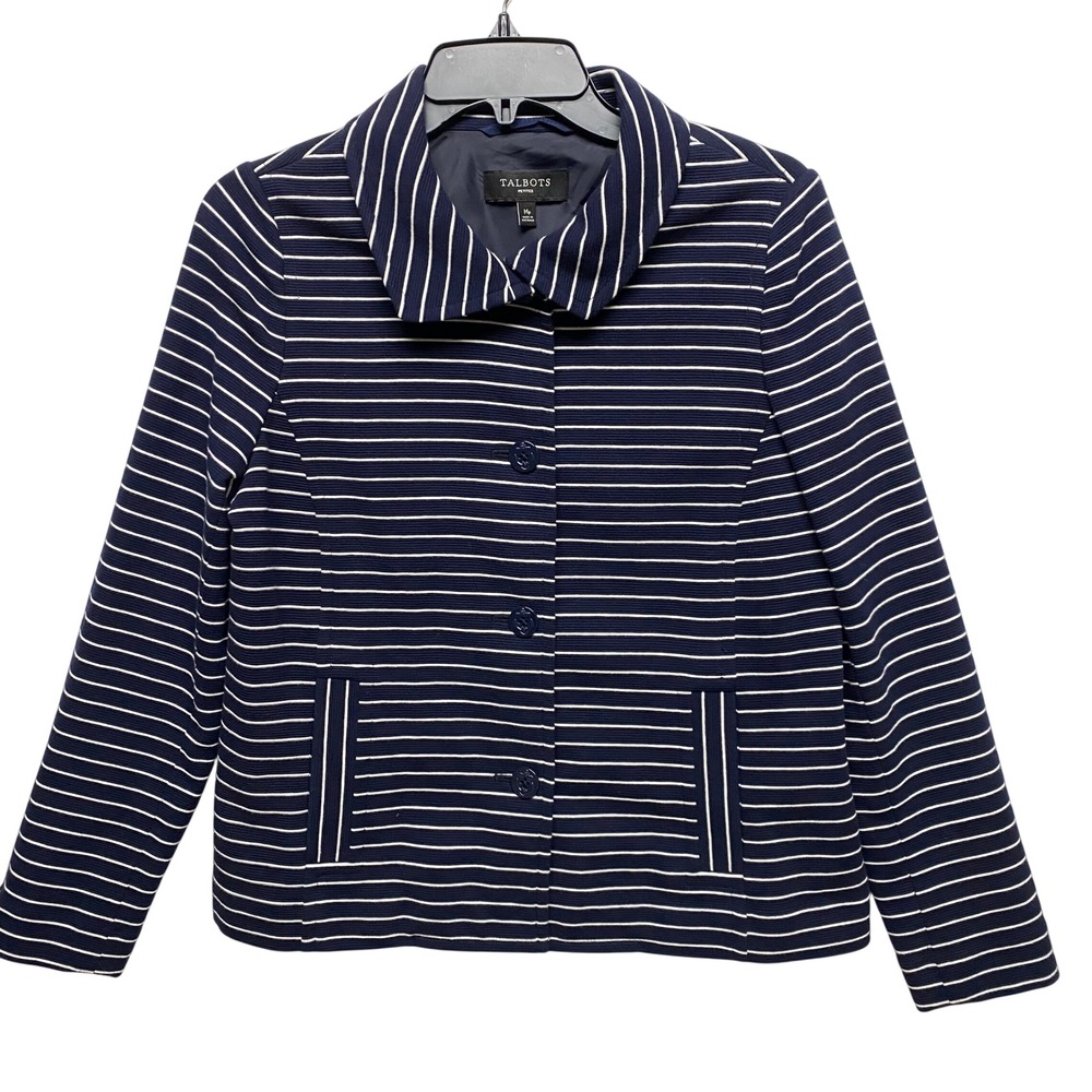 Talbots Petites Navy White Striped Blazer Jacket Women's MP - Picture 3 of 7
